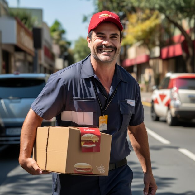 Homem de entrega sorridente segurando uma caixa com uma foto de um hambúrguer