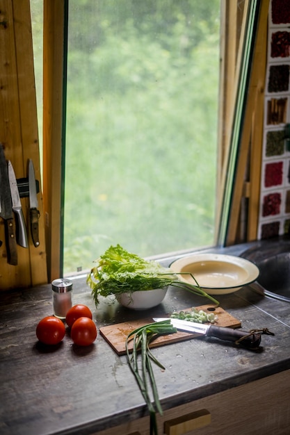 Homem de estilo de vida saudável cozinhar salada verde de alface romana conceito de comida saudável