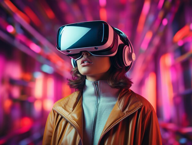 Homem de experiência de realidade virtual imerso em ambiente VR laranja neon