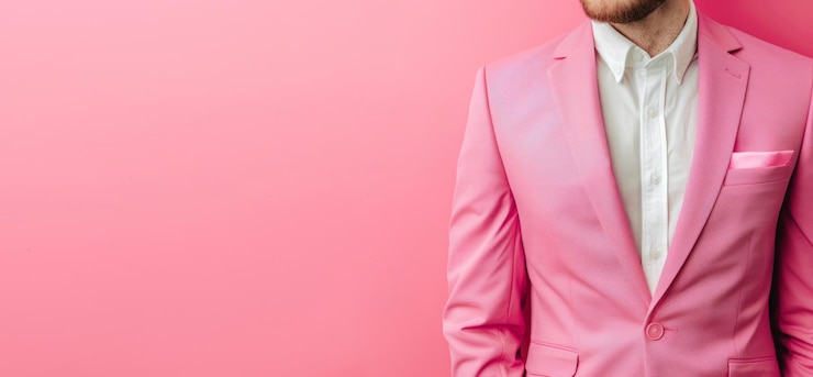Foto homem de fato de negócios rosa posando contra fundo rosa