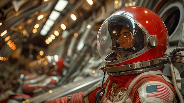 Homem de fato espacial vermelho na estação espacial