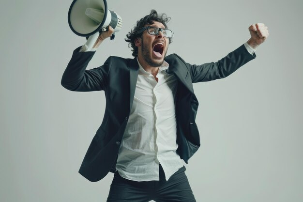 Foto homem de fato salta grita através de megafone anuncia vaga