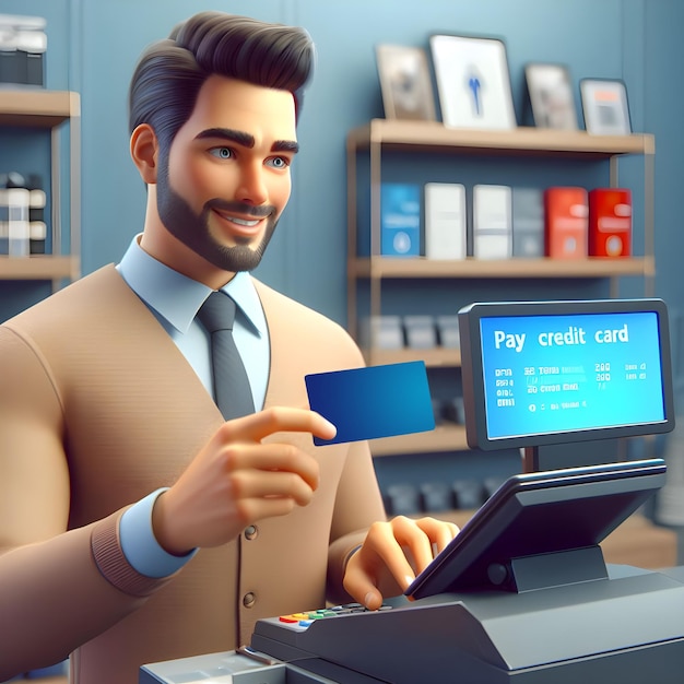 Homem de fato segurando um cartão de crédito na frente de uma caixa registradora de desenhos animados