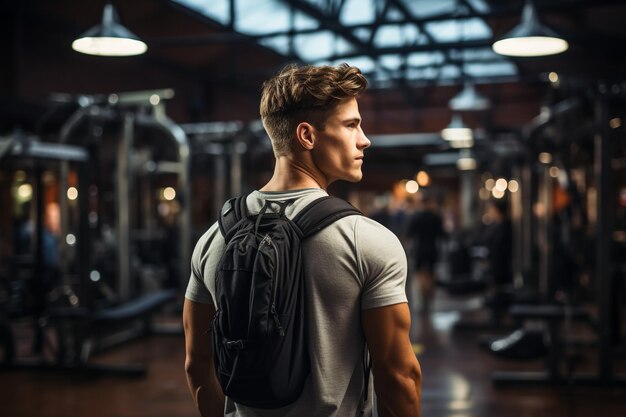 Homem de fitness a aquecer-se no ginásio a olhar para outro lado