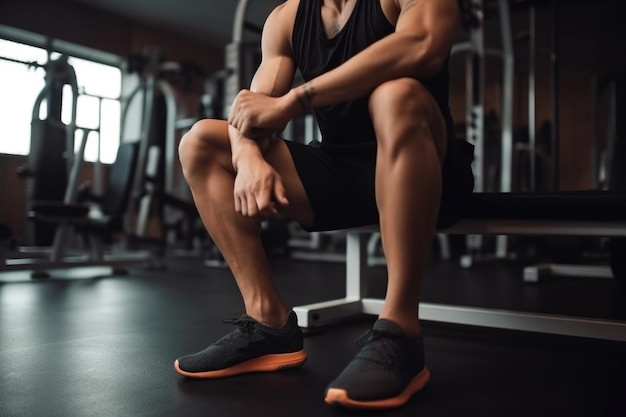 Homem de fitness e esticar as pernas no ginásio para treino exercício ou treino criado com AI generativa