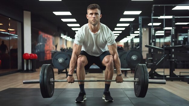 Homem de fitness muscular preparando-se para levantar uma barra sobre a cabeça em um centro de fitness moderno