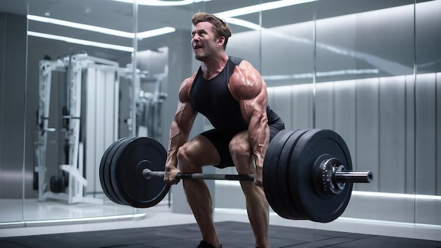 Homem de fitness muscular preparando-se para levantar uma barra sobre a cabeça em um centro de fitness moderno