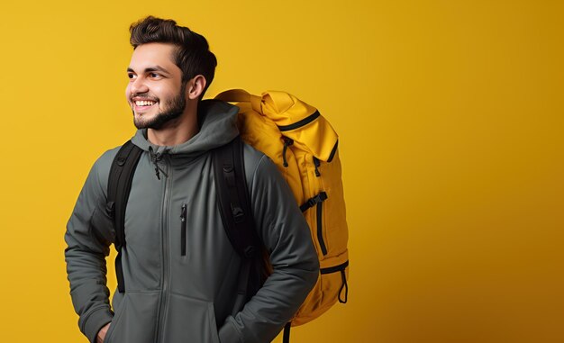 Foto homem de foto premium em um casaco com bolsa amarela viaja no verão