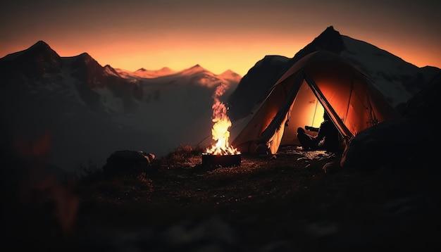 Homem de ilustração gerado por Ai acampando com montanha e recreação ao ar livre do nascer do sol