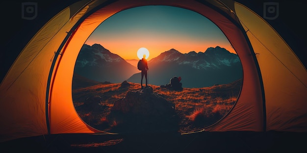 Homem de ilustração gerado por Ai acampando com montanha e recreação ao ar livre do nascer do sol