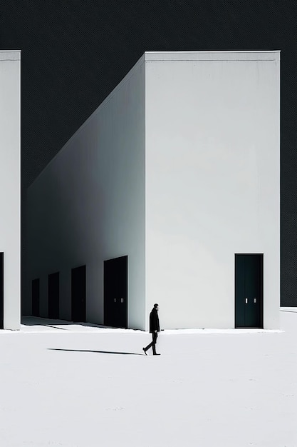 Homem de ilustração gerado por Ai e edifício de arquitetura de minimalismo mínimo