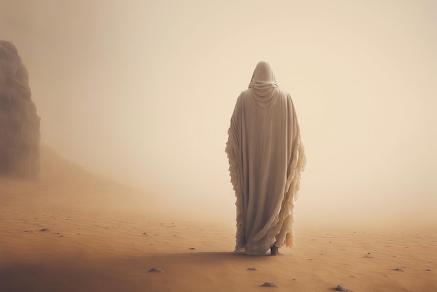 Homem de jaleco branco fica nas areias do deserto durante a tempestade Areia em uma névoa empoeirada de ar Generative AI