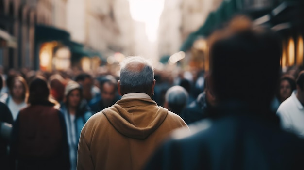 Homem de jaqueta marrom está andando no meio de uma multidão de pessoas na cidade Generative AI