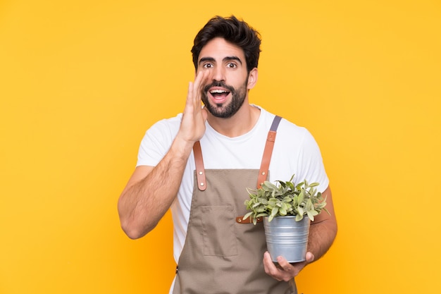 Homem de jardineiro isolado parede amarela