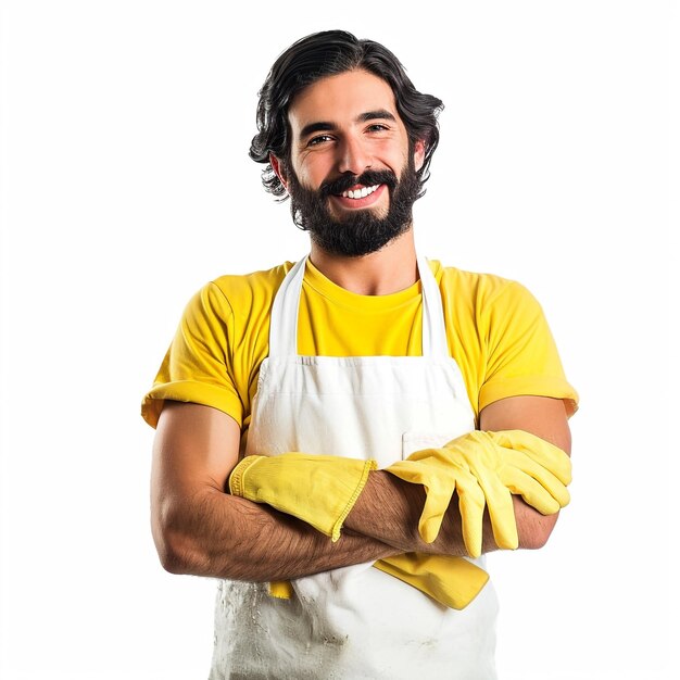 Homem de limpeza em fundo branco