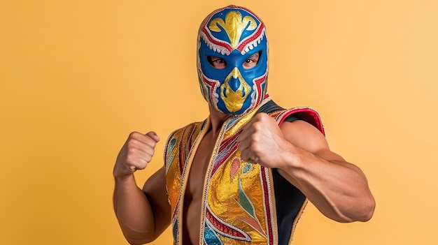 Foto homem de máscara de luta livre lucha libre em um traje colorido em um fundo amarelo generative ai