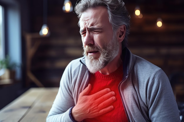 Homem de meia idade com dor no peito devido a um ataque cardíaco Conceito de saúde