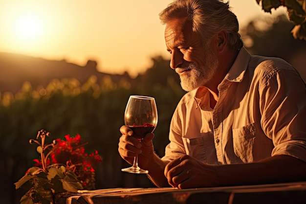 Foto homem de meia-idade degustando vinho vermelho na vinha à luz do pôr-do-sol