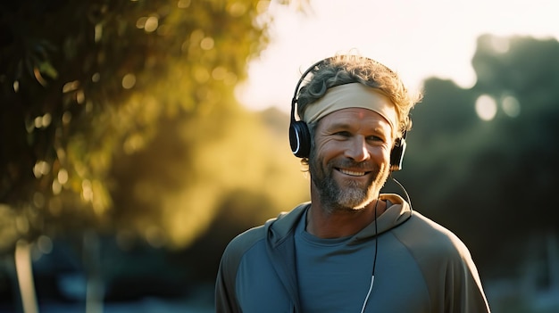 Homem de meia-idade gosta de correr de manhã com música