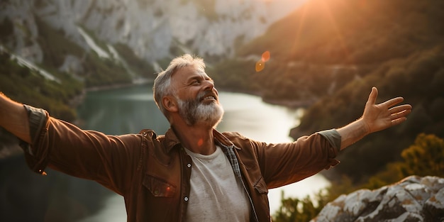 Foto homem de meia-idade irradiando pura alegria em paz em um ambiente natural deslumbrante conceito natureza serena homem de mida-idade alegre ambiente pacífico
