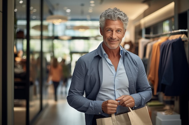 Foto homem de meia-idade no meio da cidade com sacos de compras