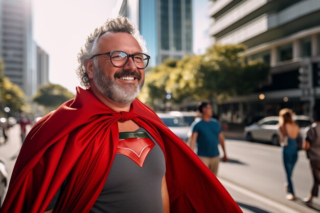 Foto homem de meia-idade no meio da cidade vestido de super-herói.