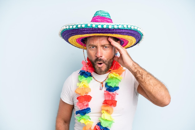 Homem de meia idade parecendo feliz, espantado e surpreso. cultura mexicana