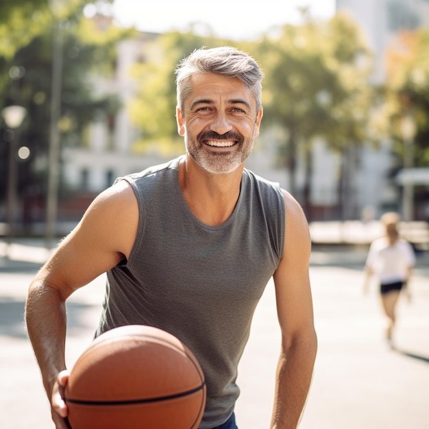 Homem de meia-idade sorridente a jogar basquetebol num dia ensolarado