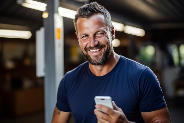 Foto homem de meia-idade sorridente com um smartphone contra o fundo de painéis solares empreendedor experiente dirige um negócio de instalação de painéis solares energia alternativa e tecnologia de casa inteligente