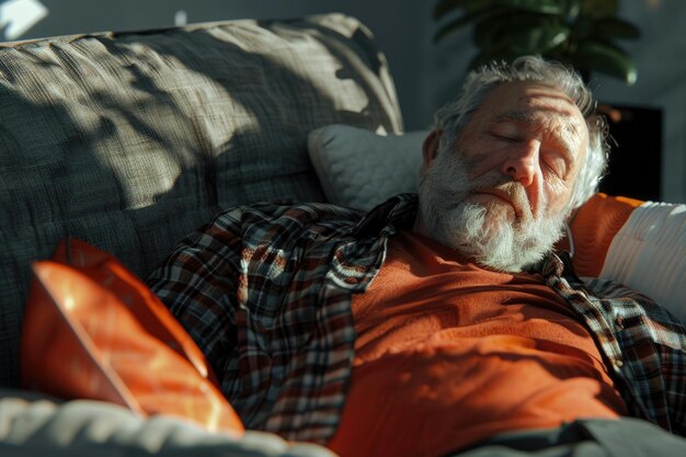 Homem de meia-idade tendo um momento de descanso relaxando no sofá
