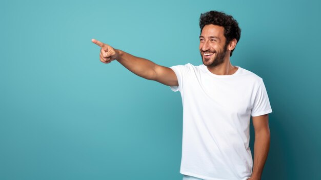 Homem de meia idade vestindo camiseta branca apontando com a mão e o dedo para o lado olhando para a câmera