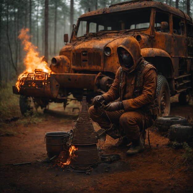 Homem de metal enferrujado com fogo espesso