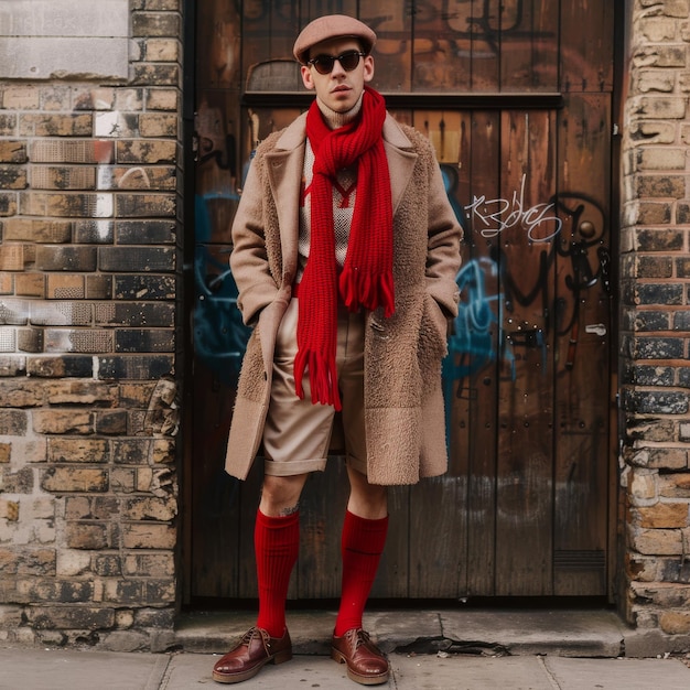 Homem de moda com lenço vermelho e casaco elegante de pé em um cenário urbano