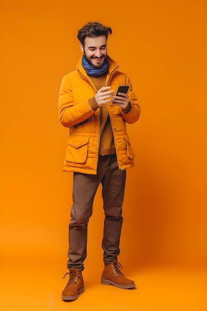 Homem de moda em roupa de outono usando smartphone em fundo laranja Casual Style Modern Life Studio Shot para Lifestyle Concepts AI