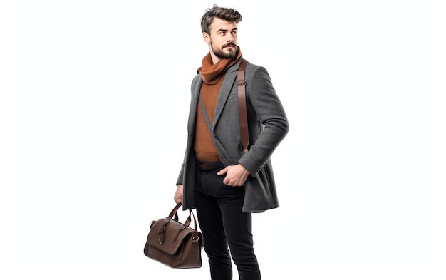 Homem de moda olhando para a distância com uma bolsa isolada em fundo transparente