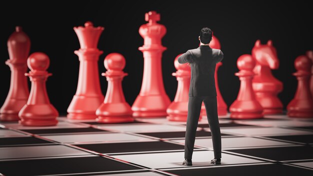 Homem de negócios 3D render.3d Fique no jogo de tabuleiro de xadrez para conceitos de liderança.