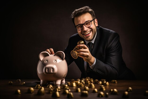 Foto homem de negócios a colocar uma moeda num cofre.