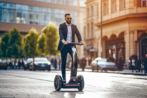 homem de negócios a conduzir um scooter ecológico