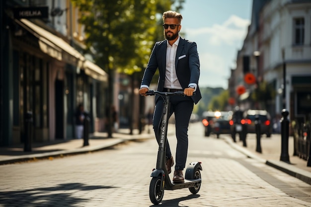 Homem de negócios a conduzir uma scooter no meio de uma rua da cidade.