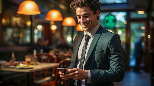 Foto homem de negócios a enviar mensagens de texto com o seu restaurante de smartphone
