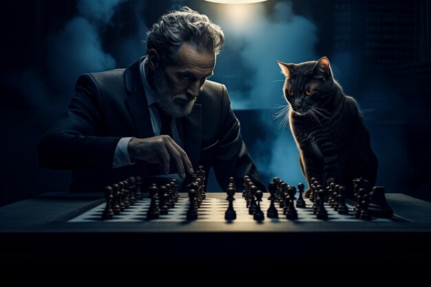 Foto homem de negócios a jogar xadrez com um gato.