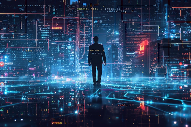 Homem de negócios a navegar na paisagem urbana futurista do cyberpunk