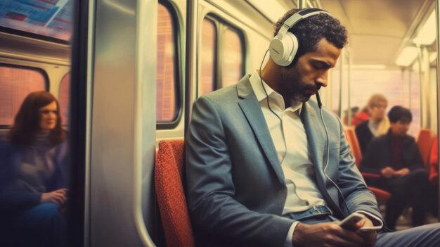 homem de negócios a ouvir música a caminho do trabalho.