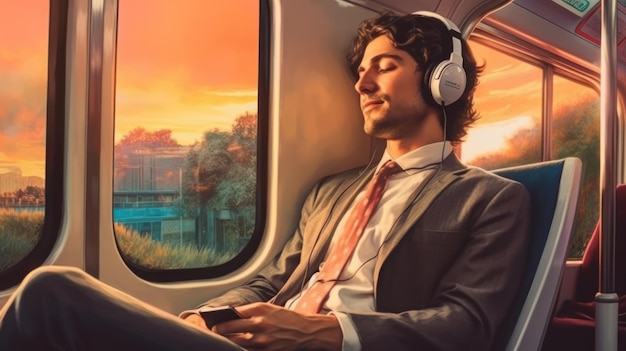 homem de negócios a ouvir música a caminho do trabalho.