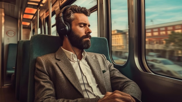 homem de negócios a ouvir música a caminho do trabalho.