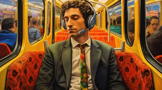 homem de negócios a ouvir música a caminho do trabalho.