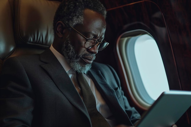 Foto homem de negócios africano de meia-idade bonito em terno cinza usando tablet em avião