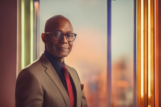 homem de negócios afro-americano bonito usando óculos e terno elegante no escritório bonito África