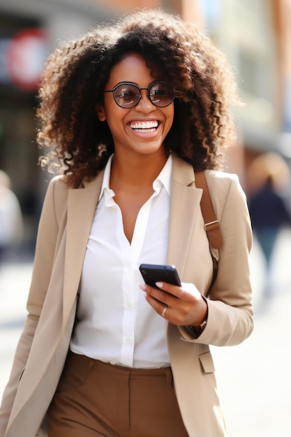 homem de negócios afro-americano em um terno formal e em óculos de sol com um smartphone