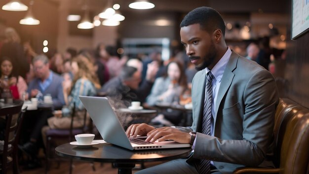 homem de negócios afro-americano usando um laptop em um café